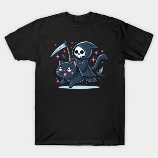 Grim Reaper Riding Black Cat T-Shirt